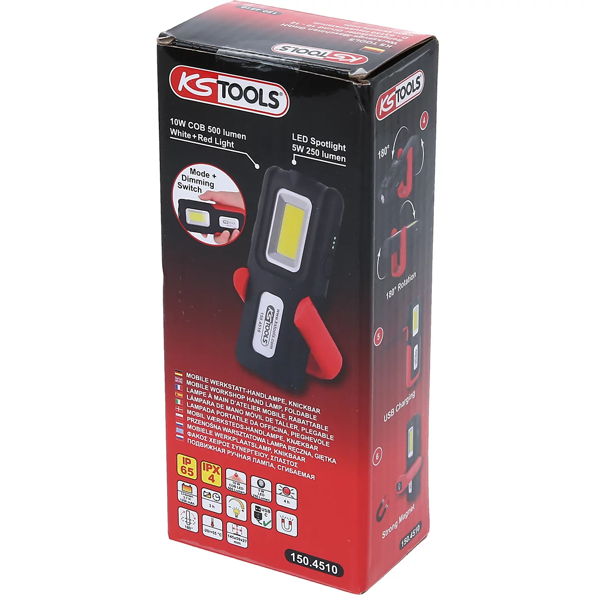 Een zwarte en rode LED werklamp in een rode doos met witte letters.